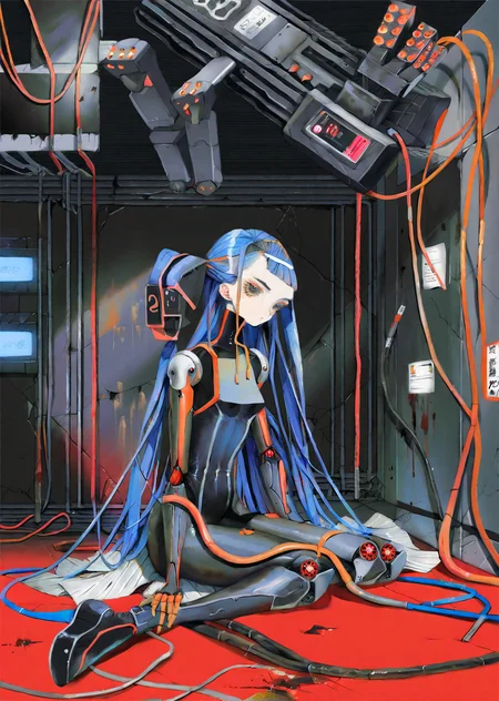 by yogisya,
1girl, sit on the ground complex background long black straight hair mechanical arms red turtleneck tight
messy room, mainframes
tubes , wires
Apocalyptic and post-apocalyptic fiction
shadows, dramatic lighting , gradient
best quality, masterpiece,