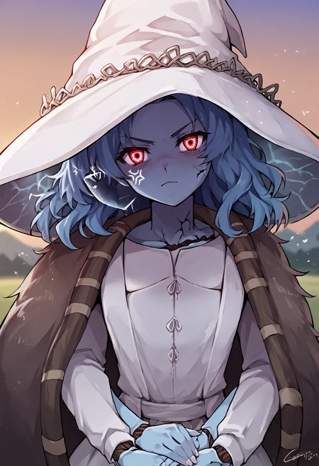 score_9, score_7_up, source_anime, uncensored, <lora:StS_PonyXL_Detail_Slider_v1.4_iteration_3:2> straight on, facing viewer, outdoors sunset, field, depth of field, blurry background, close-up,
<lora:Ranni_pdxl_Incrs_v2:1> IncrsRnnThWtch, blue hair, wavy hair, 4 arms, multiple faces, blue skin, colored skin, cracked skin, doll joints, witch hat, white headwear, white dress, long sleeves, fur cloak, brown cloak
<lora:Higurashi_Looper_Eyes_v1.1:1>, looper eyes, red eyes, symbol-shaped pupils, staring, glaring, looking at viewer, (head tilt:1.4), (shaded face:0.9), anger vein