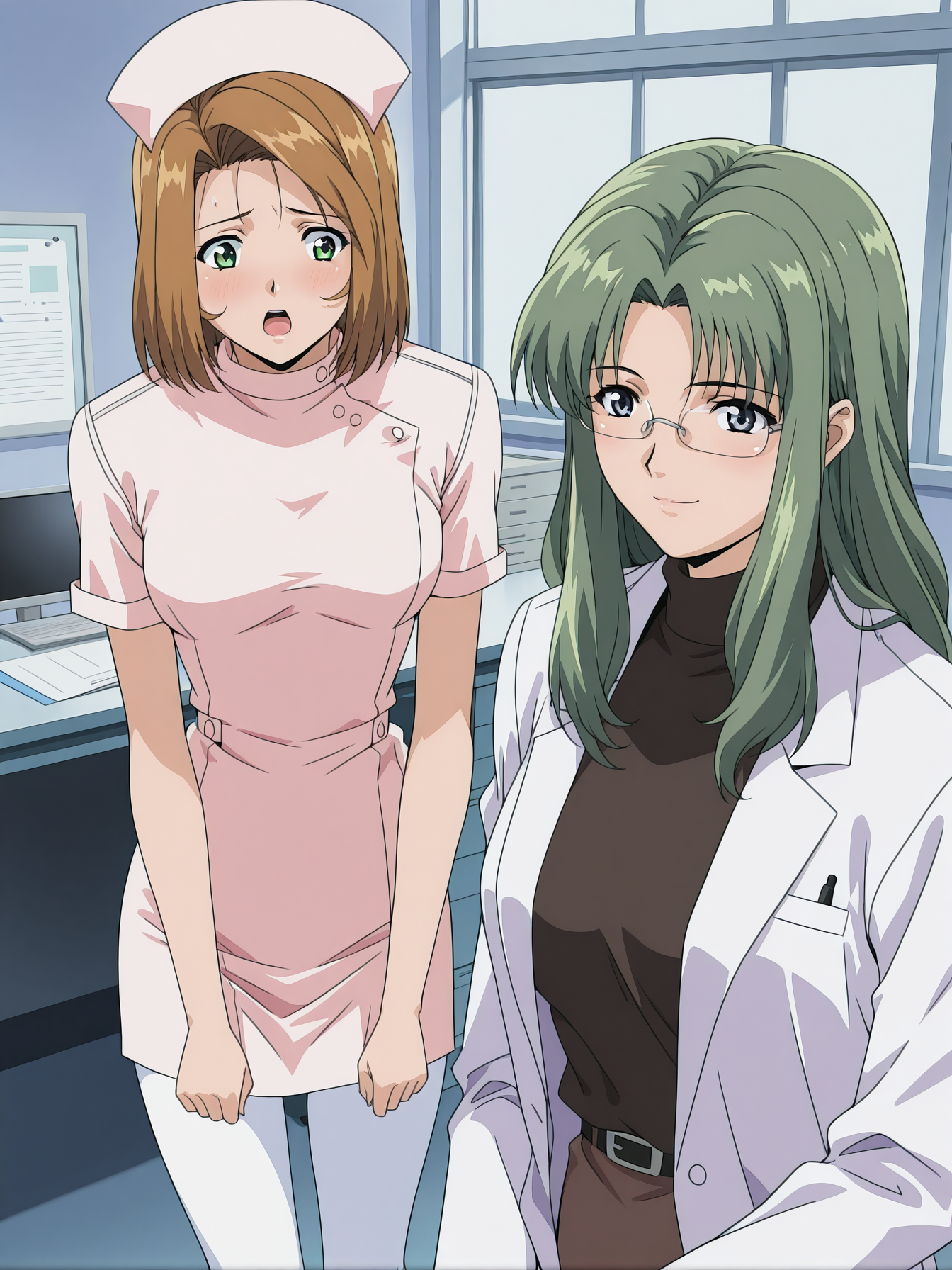<lora:yakin-kaidan-illustrious-000004:0.9> 2girls, office, desk, masterpiece, best quality
2girls, sh1nj0u, nurse cap, nurse, white pantyhose, open mouth
2girls, jin5uuj1, rimless eyewear, turtleneck, labcoat, smile