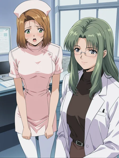 <lora:yakin-kaidan-illustrious-000004:0.9> 2girls, office, desk, masterpiece, best quality
2girls, sh1nj0u, nurse cap, nurse, white pantyhose, open mouth
2girls, jin5uuj1, rimless eyewear, turtleneck, labcoat, smile