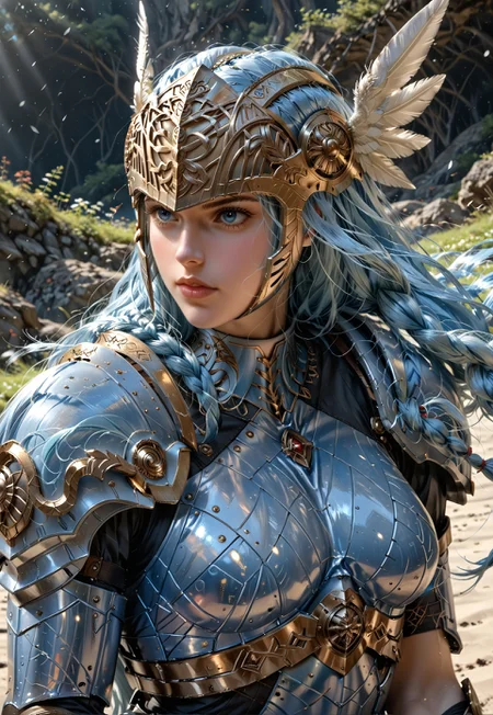 Beautiful woman, 24 years old. Fair skin. Smooth skin. Silvery blue hair. Incredible detail, high clarity. Free hair with braids. Long hair. Lips. 

Valkyrie helmet, winged helmet, beaked helmet.

Deep blue armor, metal armor, smooth armor. White pleated skirt.