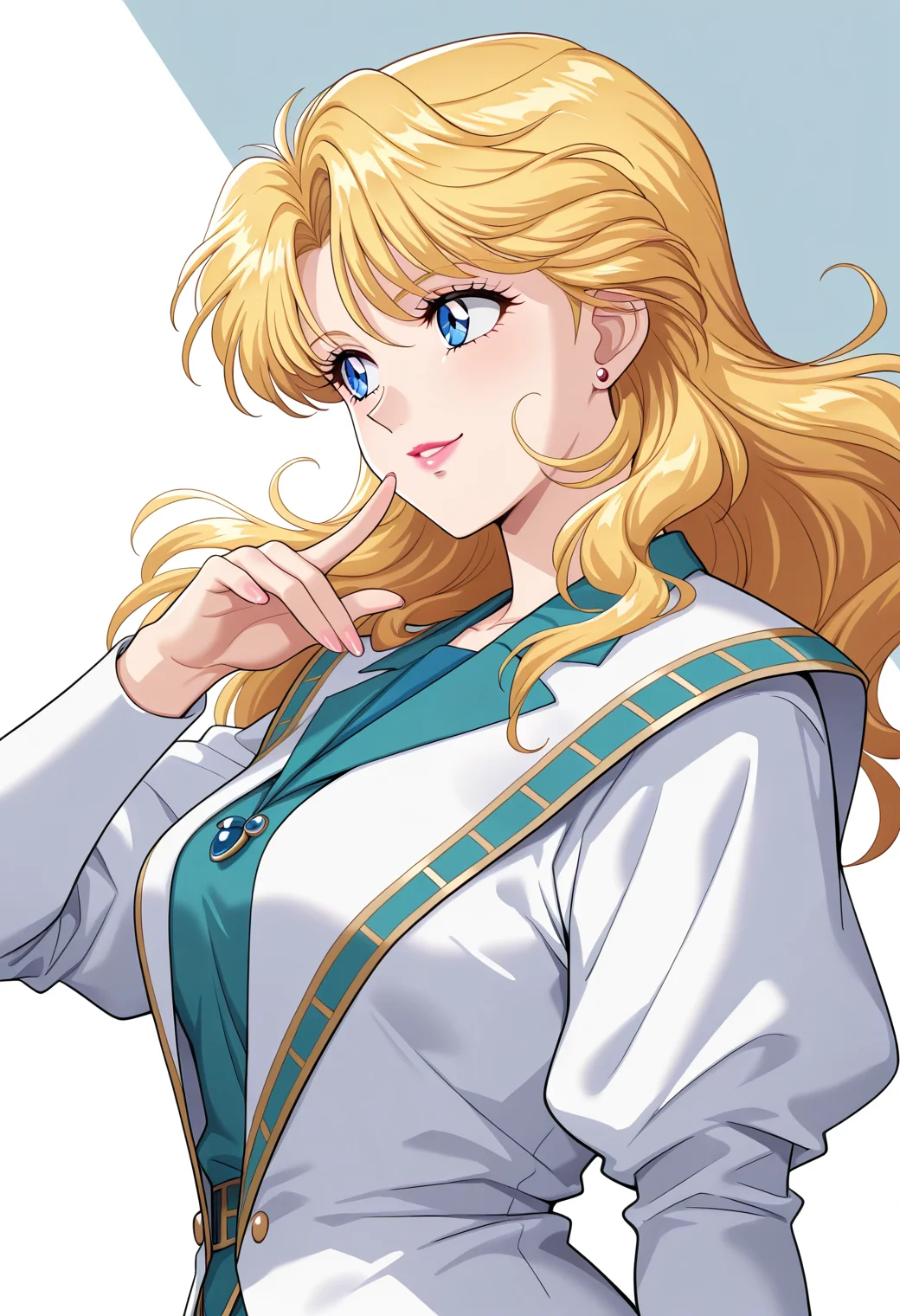 masterpiece, best quality, very aesthetic, absurdres, 1girl, solo, official style, retro artstyle,
<lora:tytti_norrback_v01:0.9>, tytti_norrback, blonde hair, long hair, blue eyes,
stud earrings, lipstick, white jacket, puffy long sleeves, shirt, jewelry, (smile:0.7), posing, from side, looking to the side