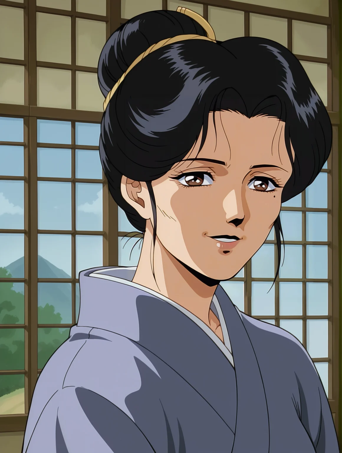 <lora:Michiyo-Adventure_Kid_1993:0.7>,Michiyo,mature female,1girl,solo,black hair,mole under eyes,retro artstyle,1990s (style),brown eyes,hair bun,kimono,upper body,looking at viewer,indoors,smile