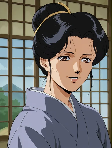 <lora:Michiyo-Adventure_Kid_1993:0.7>,Michiyo,mature female,1girl,solo,black hair,mole under eyes,retro artstyle,1990s (style),brown eyes,hair bun,kimono,upper body,looking at viewer,indoors,smile
