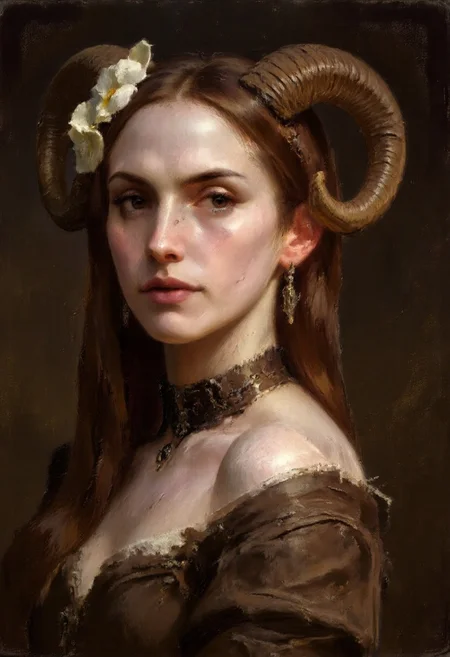 Dark-Fantasy-Cardd-V.2.0 style dark fantasy oil painting a portrait with detailed eyes that features fair-skinned woman with long straight brown hair adorned with a white flower and ram's horns. She has large expressive brown eyes a small nose and full lips. She wears a brown off-shoulder dress with lace trim and lace choker. upper body from the side