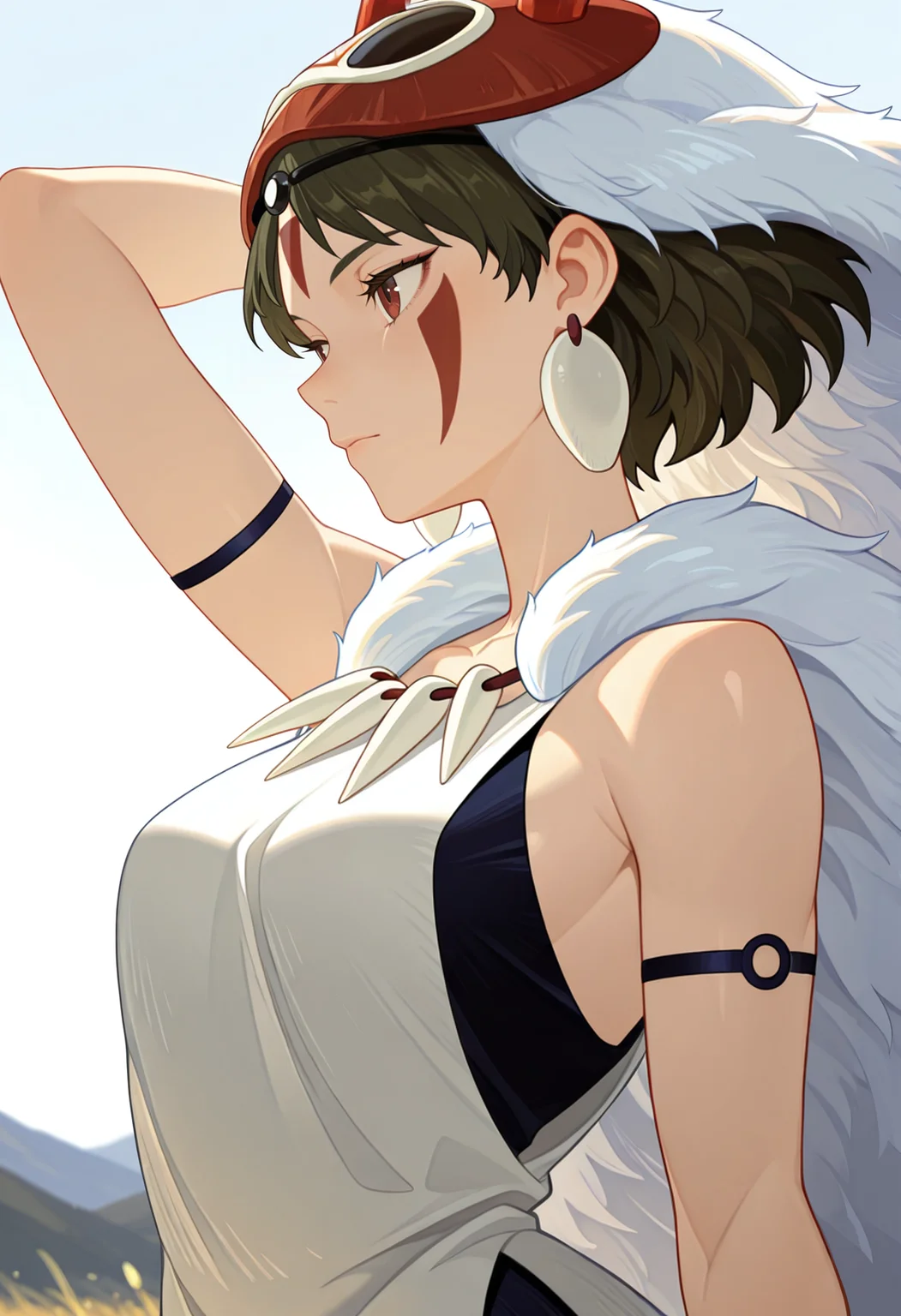 masterpiece, best quality, very aesthetic, newest, highres, 8K, HDR, absurdres, WaiIL25PosC, 1girl, solo, san \(mononoke hime\), arm behind head, close view, afkArenaStyle <lora:afkArenaIllustrious:1>