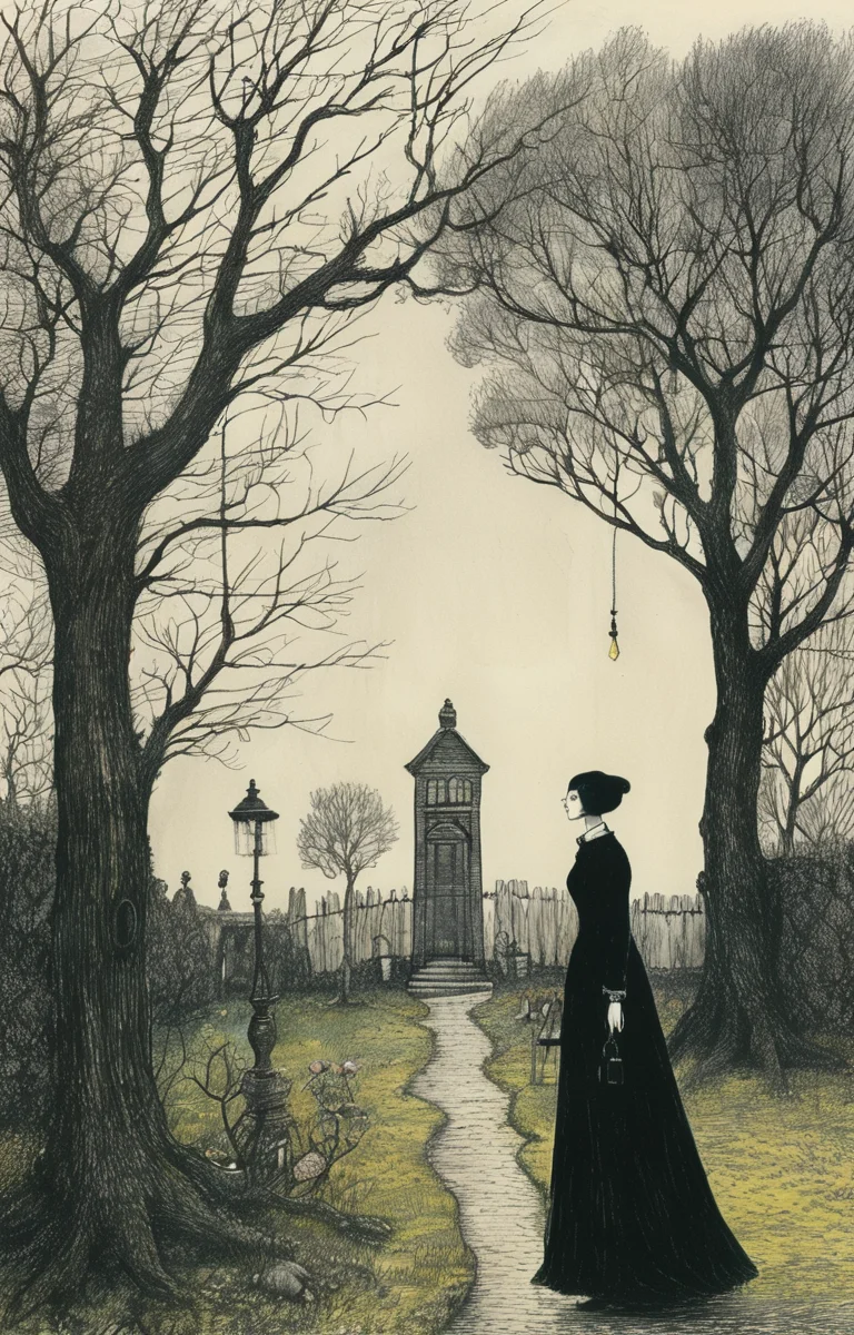 masterpiece,best quality,<lora:tbh276-sdxl:0.9>,illustration,style of Edward Gorey A bottle of perfume in garden