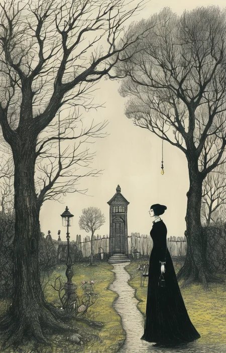 masterpiece,best quality,<lora:tbh276-sdxl:0.9>,illustration,style of Edward Gorey A bottle of perfume in garden