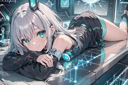 (masterpiece), (science fiction:1.4), 1girl, lying on a mirror, smile, silver hair, aqua eyes, headgear, long sleeves, detached sleeves, glowing energy clothing