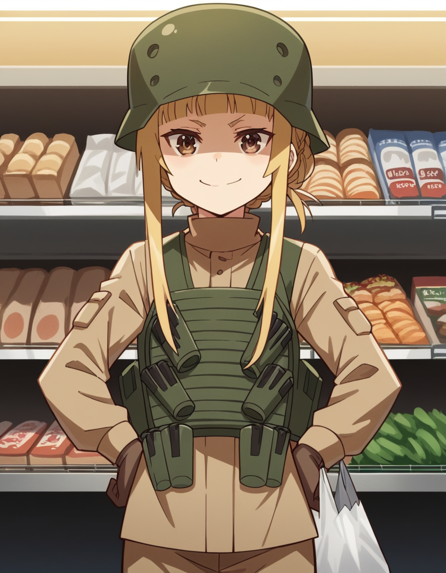 score_9, score_8_up, score_7_up, source_anime, <lora:fukaziroh-s1-ponyxl-lora-nochekaiser:1>, fukaziroh, blonde hair, brown eyes, braid, hair bun, single hair bun,, uniform, military, military uniform, helmet, load bearing vest, grocery store, cashier, shopping bag, scanning items, small talk, everyday routine, smile, looking at viewer, smug, hands on hips,, solo,, cowboy shot, dutch angle,