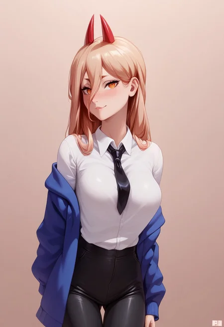score_9,score_8_up,score_7_up, source_anime, 2.5D, Expressiveh, 1girl, whole face visible, whole body visible,
BREAK,
Power (Chainsaw Man), freckles, yellow eyes, cross-shaped pupils, blonde hair, long hair, red horns
BREAK,
collared shirt, white shirt, black necktie, blue jacket, (black pants), open jacket, off shoulder
BREAK,
shiny skin, perfect ass, small ass, medium breasts, perfect breasts, slender figure, short, small waist,
BREAK,
girl looking at viewer, sexy, extremely horny, standing, thigh gap