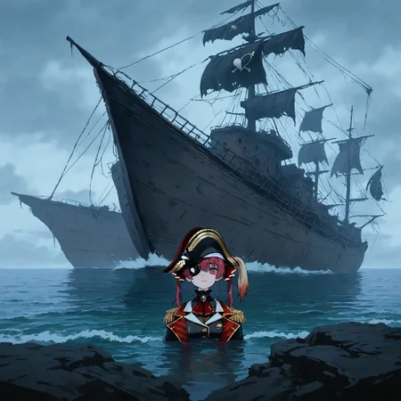 masterpiece, best quality, good quality, very awa, firedotinc, 1girl, solo, houshou marine, hololive, virtual youtuber, standing, wading, empty eyes, looking at viewer, straight on, portrait, pirate hat, beach, scenery, shipwreck, mast, wreckage, pirate ship, overgrown, cloudy sky, overcast, muted color, pale color, dilapidated <lora:ai_styles_collection_noob_vpred-1.0-v4.02:1>
