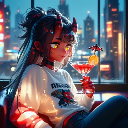 masterpiece, high quality, perfecteyes, detailed background, depth of field, SkinDetail, cinematic lighting, shading, meruccubus, 1girl, 2d, red tail, horns, demon tail, long hair, black hair, choker, yellow_eyes, freckles, colored skin, red skin, demon_girl, flat chest, black outline, looking outside window, bottle, relaxing, holding glass cocktail, focus solo, on side, sitting window bench, long sleeves, white shirt, blue pants, shirt, indoors, building, interior, night sky, moon, city lights, city background, city theme, huge glass windows, smile