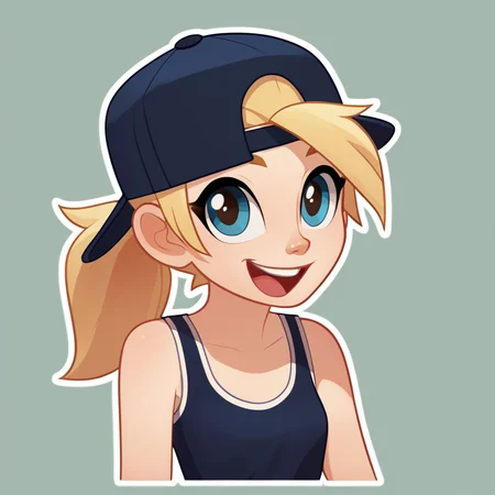 score_9, score_8, score_7, cowboy shot, 1girl, sticker, drop shadow, cute, chibi, 2d, vector art, flat shaded, white outline, upper body, open mouth, smile, <lora:telegramstickerxl:0.9>, telegramstickerxl, human, young, blonde hair, ponytail, backwards cap, tank top, fingerless gloves