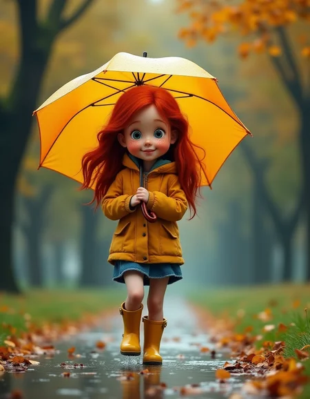an amazingly beautiful redhead with freckles walking in the park with an umbrella, although it's raining, she is smiling, happy in her yellow boots jumping in a puddle of water