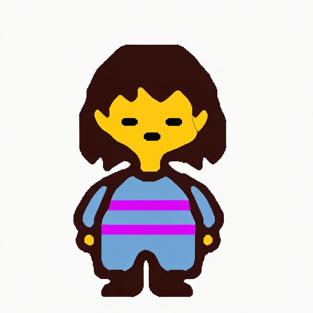 Score_9, score_8_up, score_7_up, digital art, cartoonish, FriskUndertale, 1character, 2d, digital art, cartoonish, cartoon, flat colors, no shading, yellow skinned, colored skin, human, long-sleeves shirt, light blue shirt, magenta stripes on shirt, light blue pants, brown shoes, medium hair, brown hair, short bangs, choppy bangs, Blank expression, closed eyes, closed mouth, front view, facing forward, looking at viewer, straight-on, standing, standing pose, white background