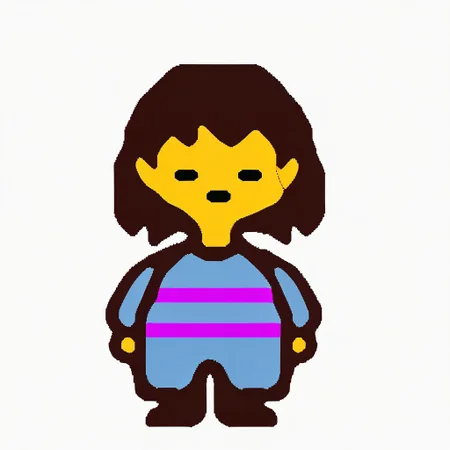 Score_9, score_8_up, score_7_up, digital art, cartoonish, FriskUndertale, 1character, 2d, digital art, cartoonish, cartoon, flat colors, no shading, yellow skinned, colored skin, human, long-sleeves shirt, light blue shirt, magenta stripes on shirt, light blue pants, brown shoes, medium hair, brown hair, short bangs, choppy bangs, Blank expression, closed eyes, closed mouth, front view, facing forward, looking at viewer, straight-on, standing, standing pose, white background