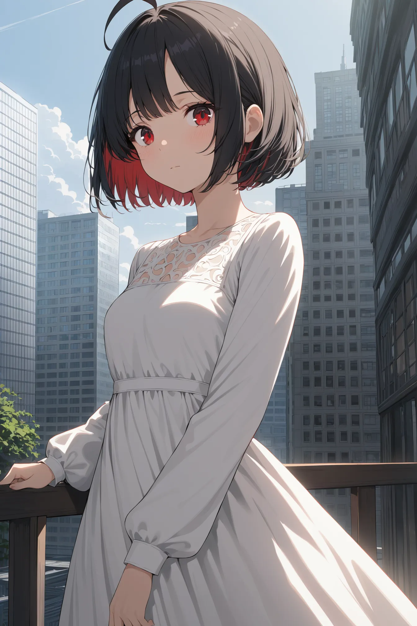 1girl, solo, ahoge, black hair, building, closed mouth, dot nose, dress, long sleeves, parted bangs, red eyes, short hair, sidelocks, white dress, masterpiece, best quality