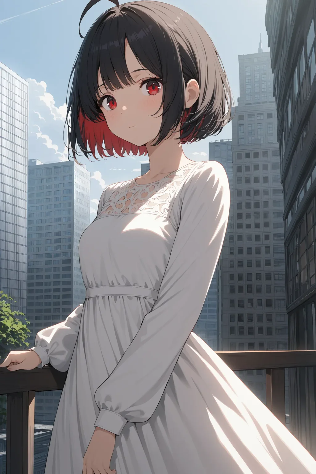 1girl, solo, ahoge, black hair, building, closed mouth, dot nose, dress, long sleeves, parted bangs, red eyes, short hair, sidelocks, white dress, masterpiece, best quality