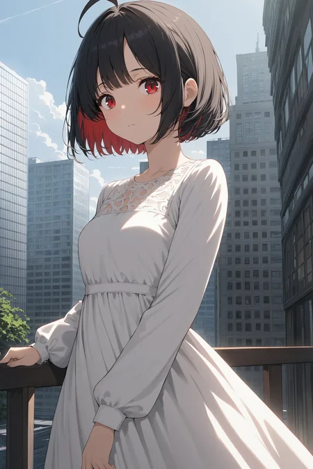 1girl, solo, ahoge, black hair, building, closed mouth, dot nose, dress, long sleeves, parted bangs, red eyes, short hair, sidelocks, white dress, masterpiece, best quality