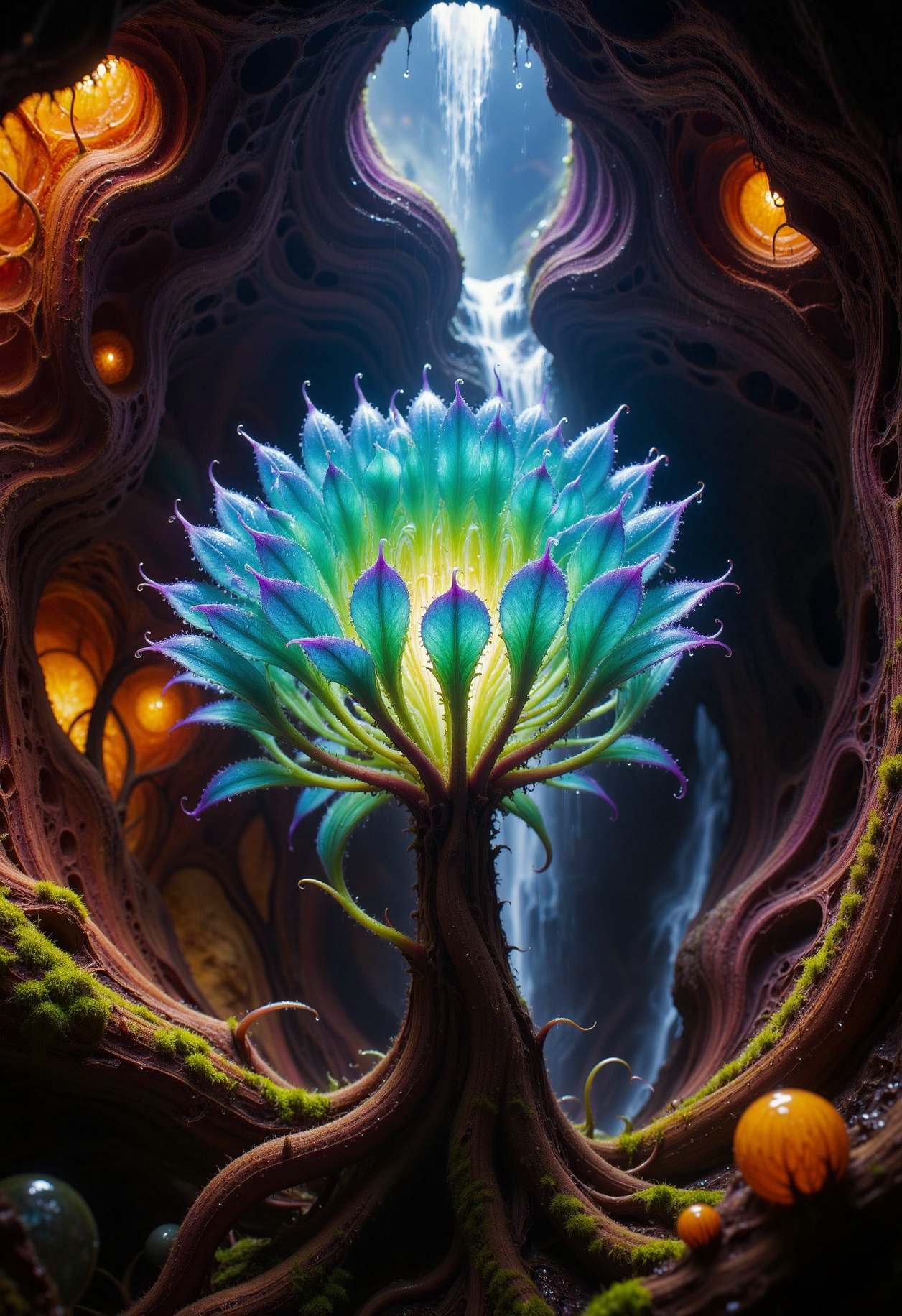 Ultra-detailed macro photography of a bioluminescent, alien plant inside a magical cave. The plant has vibrant, translucent leaves shifting from deep emerald green to bright cyan and hints of violet at the tips. The roots are thick, twisted, and covered in soft, velvety moss. Small water droplets sparkle on the leaves, catching the soft ambient light. In the background, a gentle, ethereal waterfall pours through a hole in the cave ceiling, diffusing natural light into misty beams. The cave walls are organic and flowing, with warm tones of amber and reddish wood textures, and small glowing orbs are nestled in the nooks. Atmospheric mist, cinematic depth of field, hyperrealistic details, soft bokeh, surreal fantasy mood, 8K resolution, captured with a Canon EOS R5 and a 100mm f/2.8 macro lens