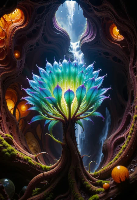 Ultra-detailed macro photography of a bioluminescent, alien plant inside a magical cave. The plant has vibrant, translucent leaves shifting from deep emerald green to bright cyan and hints of violet at the tips. The roots are thick, twisted, and covered in soft, velvety moss. Small water droplets sparkle on the leaves, catching the soft ambient light. In the background, a gentle, ethereal waterfall pours through a hole in the cave ceiling, diffusing natural light into misty beams. The cave walls are organic and flowing, with warm tones of amber and reddish wood textures, and small glowing orbs are nestled in the nooks. Atmospheric mist, cinematic depth of field, hyperrealistic details, soft bokeh, surreal fantasy mood, 8K resolution, captured with a Canon EOS R5 and a 100mm f/2.8 macro lens