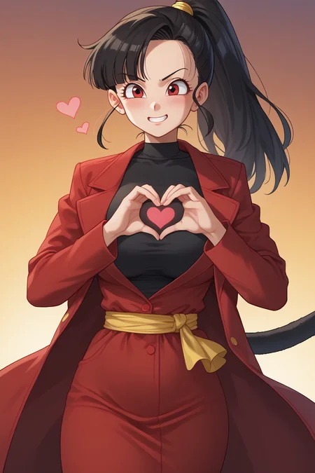 score_9, score_8_up, score_7_up, score_6_up, score_5_up, score_4_up, masterpiece, high quality, BREAK, full body, BREAK, 1girl, <lora:Note (Dragon Ball):0.8> note (dragon_ball), black hair, ponytail, tail, monkey tail, red ribbon, hairpiece, large breasts, coat, jacket, <lora:HeartBoobPose:0.9> HeartBoobPose, hand gesture, posing, heart shaped hands, over breasts, heart, heart hands,