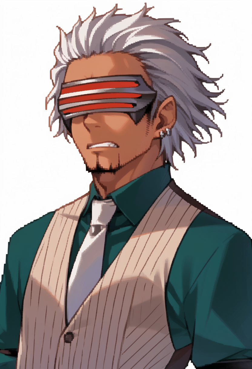 score_9, score_8_up, score_7_up, source_anime, 1boy, solo, angry
<lora:zs_DevilSurvivorPortraitsXL:1> devilsurvivorportraits, portraits, white background
 <lora:GodotAA-pdxl:1> gdAA, white hair, short hair, mask, covered eyes, dark-skinned male, beard, single earring, collared shirt, green shirt, long sleeves, pinstripe vest, white necktie, arm strap,