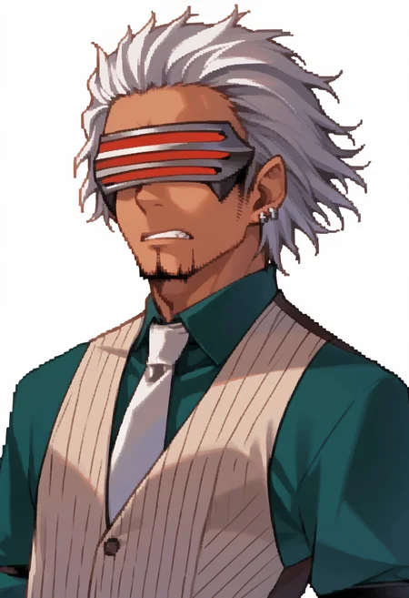 score_9, score_8_up, score_7_up, source_anime, 1boy, solo, angry
<lora:zs_DevilSurvivorPortraitsXL:1> devilsurvivorportraits, portraits, white background
<lora:GodotAA-pdxl:1> gdAA, white hair, short hair, mask, covered eyes, dark-skinned male, beard, single earring, collared shirt, green shirt, long sleeves, pinstripe vest, white necktie, arm strap,