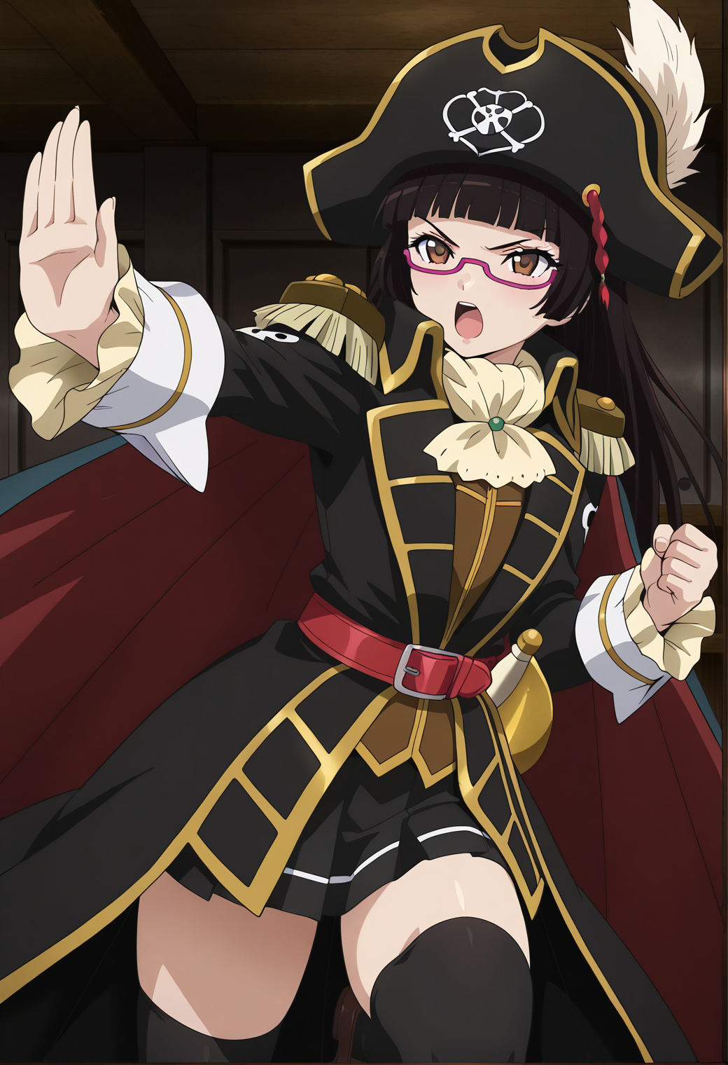 masterpiece, best quality, very aesthetic, absurdres, 1girl, solo,
<lora:chiaki_kurihara_v01:1>, chiaki_kurihara, chiaki_pirates, black hair, long hair, hime cut, brown eyes, under-rim eyewear, purple-framed eyewear,
pirate, pirate hat, hat feather, cape, epaulettes, ascot, red belt, black skirt, plated skirt, zettai ryouiki, black thighhighs, brown loafers, dynamic pose, v-shaped eyebrows, open mouth, outstretched arm,