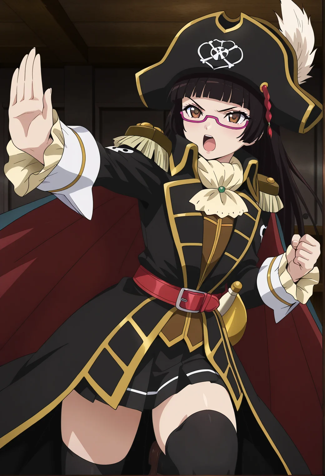 masterpiece, best quality, very aesthetic, absurdres, 1girl, solo,
<lora:chiaki_kurihara_v01:1>, chiaki_kurihara, chiaki_pirates, black hair, long hair, hime cut, brown eyes, under-rim eyewear, purple-framed eyewear,
pirate, pirate hat, hat feather, cape, epaulettes, ascot, red belt, black skirt, plated skirt, zettai ryouiki, black thighhighs, brown loafers, dynamic pose, v-shaped eyebrows, open mouth, outstretched arm,
