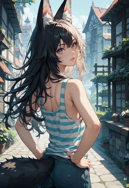score_9, score_8_up, score_7_up, best quapoty, highres, absurdres, source_anime, 1girl, nemu, tail, <lora:Nemu_One_Of_My_AI_Dungeon:0.8>, looking at viewer, parted lips, shirt, tank top, open clothes, striped shirt, off shoulder, hands on hips, from behind