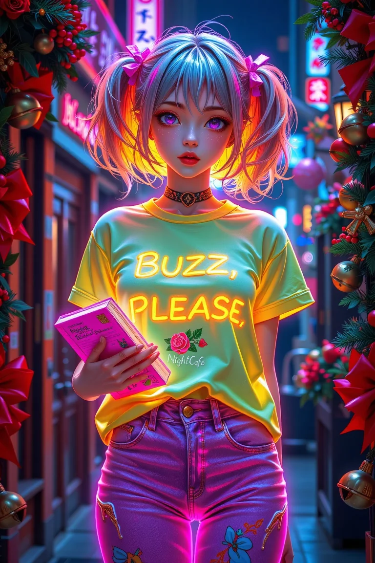 A captivating fluorescent neon anime female character emanates an otherworldly luminescence. Her t-shirt proudly displays the exact name "BUZZ, PLEASE" with no spelling errors. She holds a vibrant electric fluorescent pink book, and her fluorescent purple neon denim has a slightly surreal, futuristic texture. A little heart with a rose is positioned under the name "NightCafe" on her attire. The overall design is sleek and modern, giving off a futuristic vibe. The neon glow from the character bathes the surrounding area in a soft, dreamy light, creating a mesmerizing atmosphere. Festive ribbons and bells are integrated into the scene, adding a layer of holiday magic to the futuristic and enchanting display.