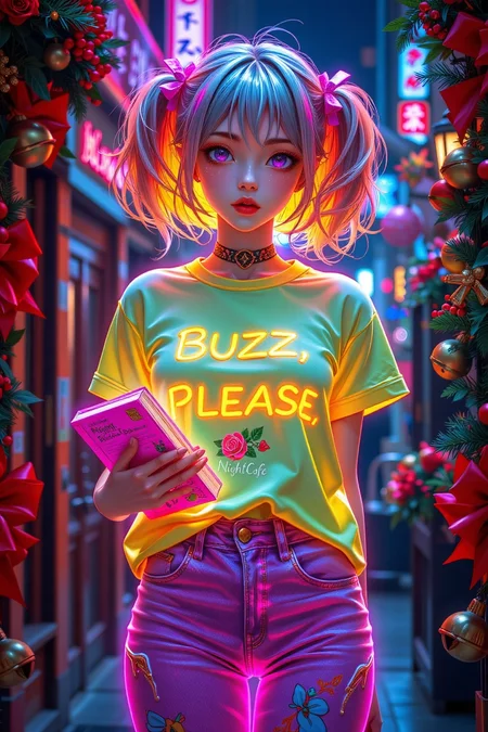 A captivating fluorescent neon anime female character emanates an otherworldly luminescence. Her t-shirt proudly displays the exact name "BUZZ, PLEASE" with no spelling errors. She holds a vibrant electric fluorescent pink book, and her fluorescent purple neon denim has a slightly surreal, futuristic texture. A little heart with a rose is positioned under the name "NightCafe" on her attire. The overall design is sleek and modern, giving off a futuristic vibe. The neon glow from the character bathes the surrounding area in a soft, dreamy light, creating a mesmerizing atmosphere. Festive ribbons and bells are integrated into the scene, adding a layer of holiday magic to the futuristic and enchanting display.