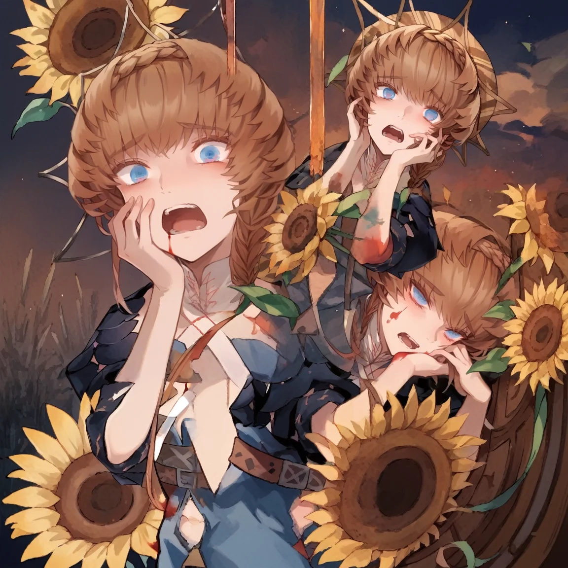 score_9,score_8_up,score_7_up,score_6_up,score_5_up,score_4_up,score_anime,solo,
<lora:Goghie:1>,1girl,blue eyes,brown hair,side braid,braid,crown braid,straw hat,striped headwear,belt,blue overalls,navel,puffy sleeves,black sleeves,short sleeves,cropped jacket,detached collar,Vertical-Striped Legwear,
<lora:Ayami_Kojima:1>,ayami_style,
hand on own face,wide-eyed,open mouth,scared,sunflower_on_back,acrylic paint \(medium\),multicolored_blood,open mouth,oil painting \(medium\),(vincent van gogh \(style\):0.8),looking down,sunflower,<lora:gogh-eyes:1> (empty eyes:0.5), multicolored eyes,