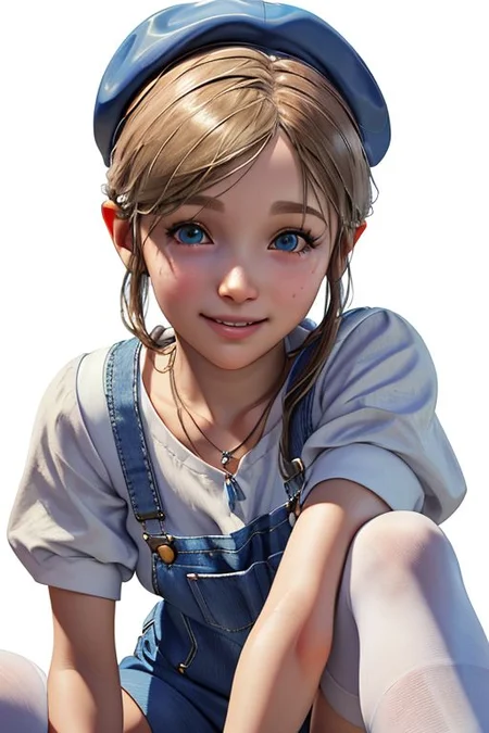 (best quality, masterpiece:1.2), chara-sheet, (photorealistic:1.2), Sherry Birkin, blue overalls, blue cabbie hat, white shirt, frilly sleeves, necklace, bracelet, white thighhighs, blue sneakers, smile, simple white background, , cinematic composition, extreme detail, beautiful face, cute face, detailed face, detailed background, sharp focus, bokeh
