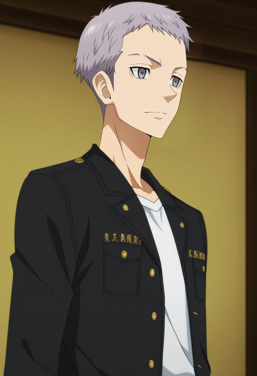 masterpiece, best quality, intricate details, anime screencap, anime coloring, official style,, 1boy, solo, male focus, <lora:takashi_mitsuya_ilxl:0.92>, takashi_mitsuya, grey hair, grey eyes, short hair, , white shirt, black jacket,