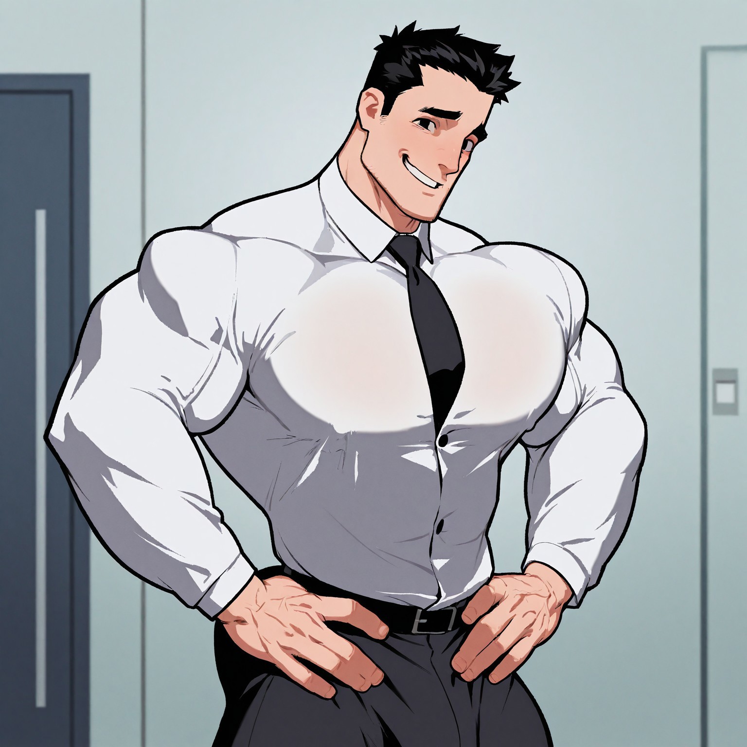 masterpiece, best quality, absurdres, newest, perfect quality, best quality, absolutely eye-catching, detailed background, intricate details, bara, 1boy, happy, eyes open, male, male focus, solo, mature, black hair, short hair, black eyes, (((white shirt))), black necktie, lab coat, white lab coat, black pants, muscular, large biceps, side view, hands on hips, looking at viewer, very awa, best quality, absurdres, newest, perfect quality, detailed background, intricate details, (artist:rokudenashi:0.8), (artist:dizdoodz:0.7), (artist:gomtang:0.6)