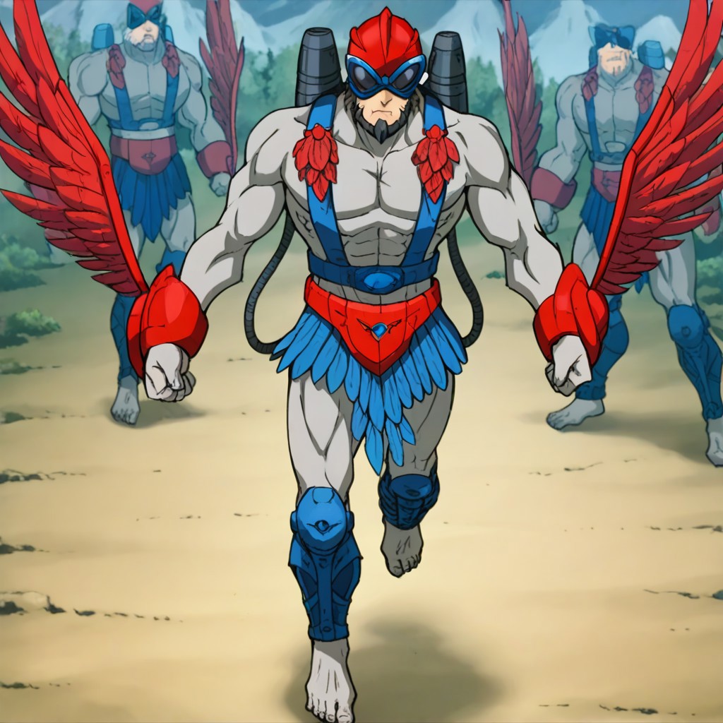masterpiece, best quality, official style, anime screencap, anime coloring, BREAK Stratos, Red Wings, Helmet, Skirt, Feathers, Goggles, Barefoot, Male, Muscular, Armor, Leg Armor