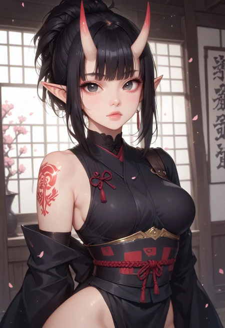 zPDXL3, score_9, score_8_up, score_7_up, 1girl, elf girl, horns, solo, 21year old, black hair, messy ponytail, fringe, black eyes, medium breasts, petite body, glossy skin,samurai spirit, oni mask, battle-worn armor, cherry blossoms, moonlit sky, scattered petals, ancient katana, glowing tattoos, looking at viewer, eye contact, dutch angle, warm light, godrays, volumetric lighting, vivid colors, painterly, glitch art photo,