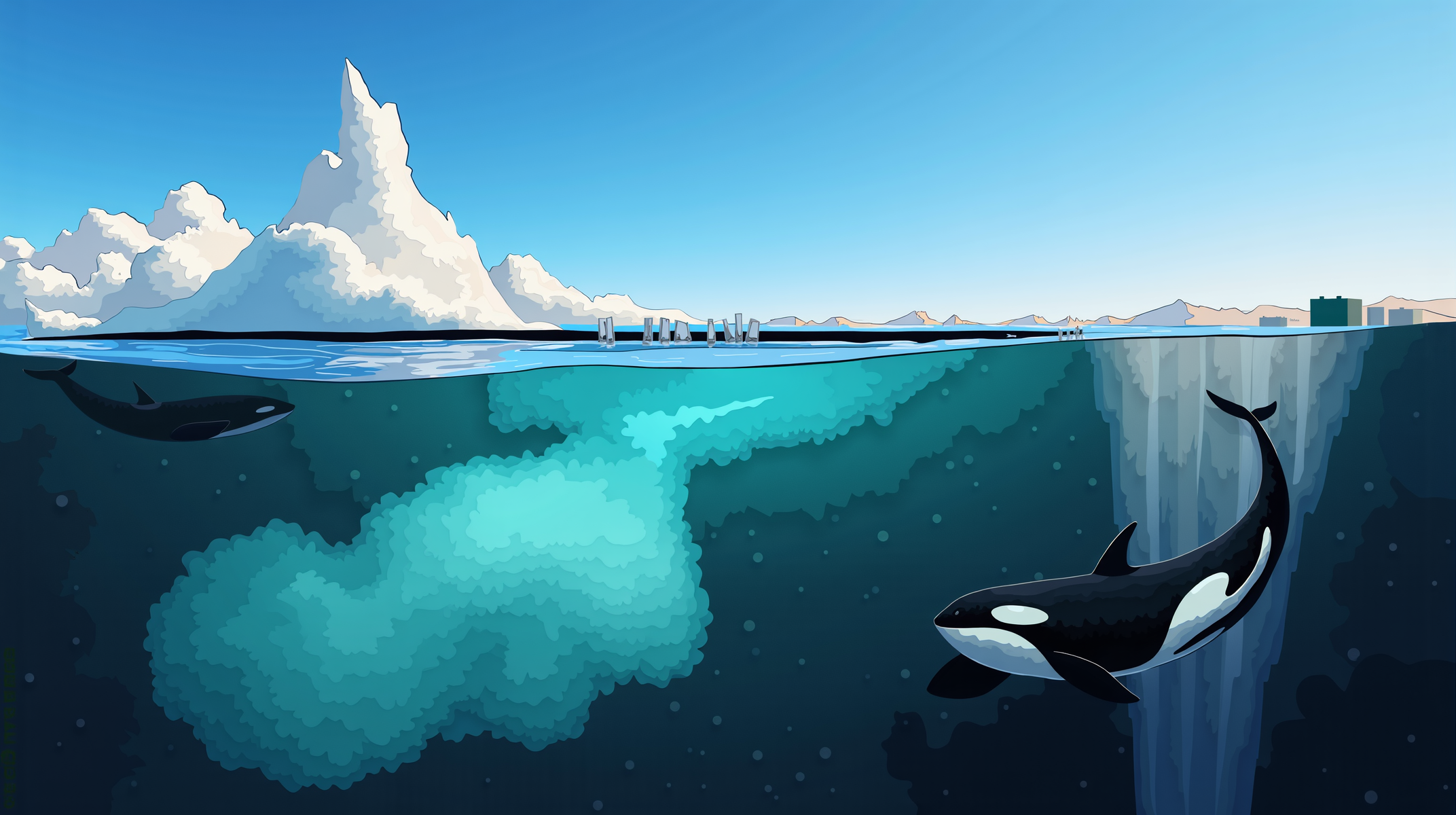An enchanting scene capturing the Arctic wilderness. Above water, towering icebergs and expansive ice sheets under a clear, blue sky. Below water, a majestic Orca swims dynamically with power in the crystal-clear, icy waters of the Arctic Ocean. The artwork showcases the pristine, captivating beauty of the Arctic landscape both above and below the waterline. Oil painting, highly detailed and vivid colors, various shades of blue, and stunning light reflections. digital art, digital painting, matte painting.