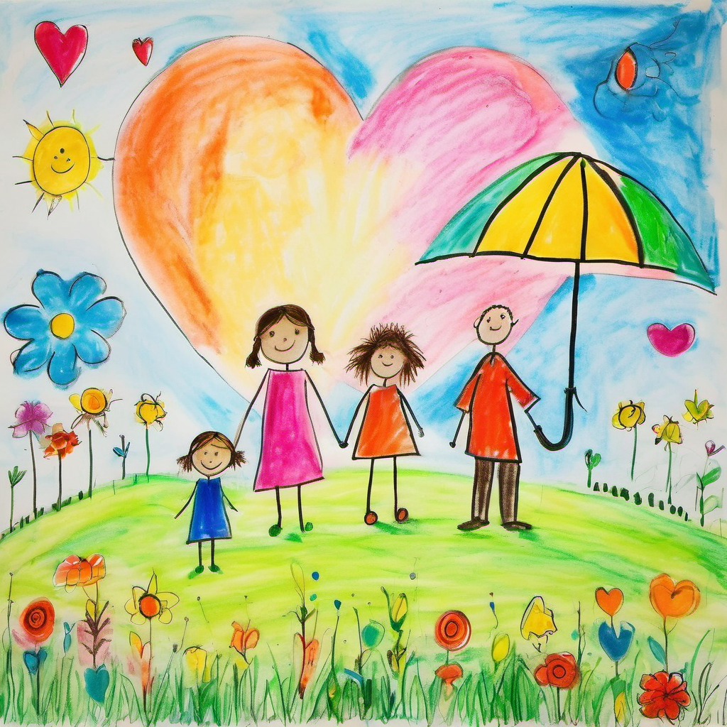 children-drawing, colorful, whimsical drawing, family, two adults, three children, standing together, grass, umbrella, shade, sun, unique appearance, distinct features, hair colors, clothing styles, scene, elements, trees, flowers, hearts, clock, picture, vibrant atmosphere, artistâs imagination<lora:Ath_children-drawing_XL:1>,