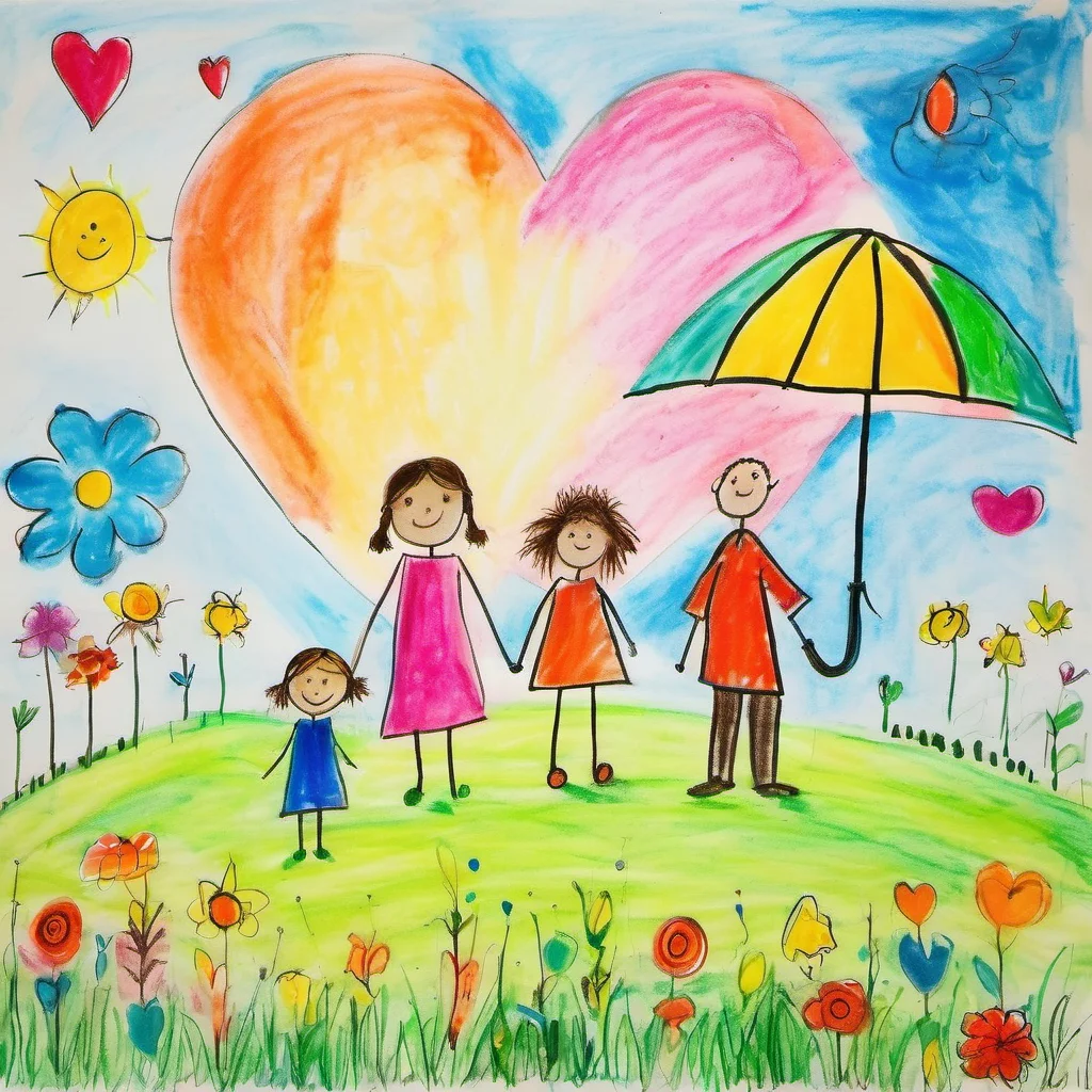 children-drawing, colorful, whimsical drawing, family, two adults, three children, standing together, grass, umbrella, shade, sun, unique appearance, distinct features, hair colors, clothing styles, scene, elements, trees, flowers, hearts, clock, picture, vibrant atmosphere, artistâs imagination<lora:Ath_children-drawing_XL:1>,