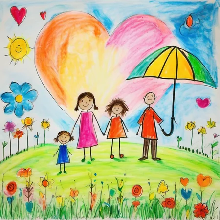 children-drawing, colorful, whimsical drawing, family, two adults, three children, standing together, grass, umbrella, shade, sun, unique appearance, distinct features, hair colors, clothing styles, scene, elements, trees, flowers, hearts, clock, picture, vibrant atmosphere, artistâs imagination<lora:Ath_children-drawing_XL:1>,