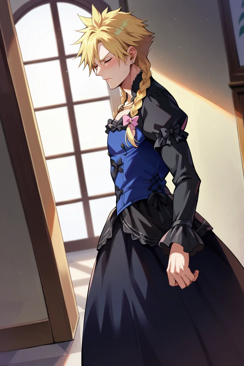 score_9, score_8_up, score_7_up, score_6_up, source_anime, 1boy, male focus, solo BREAK  <lora:cloudstrife-pdxl-nvwls-v1-000006:0.9> dressCloud, crossdressing, blonde hair, twin braids, hair bow, frilled dress, black dress, puffy sleeves, long sleeves, long dress, closed eyes, blush, frown, hallway, mansion