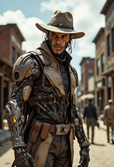 westernpunk style, dusty street in an 1850 frontier town at high noon, a striking youngMoxie westernpunk figure walks down the middle of the street, their futuristic presence a stark contrast to the 1850's lawless frontier town, this figure commands the attention of everyone, exuding an air of fearlessness and commanding respect, dynamic lighting shows off the details of this fearsome person face while not bringing attention to the background, Wild West and futuristic aesthetic with a dirty duster from the trail over an exosuit with cowboy aesthetics. sci-fi western elements, and augmented mechanical enhancements, cowboy or gunslinger.