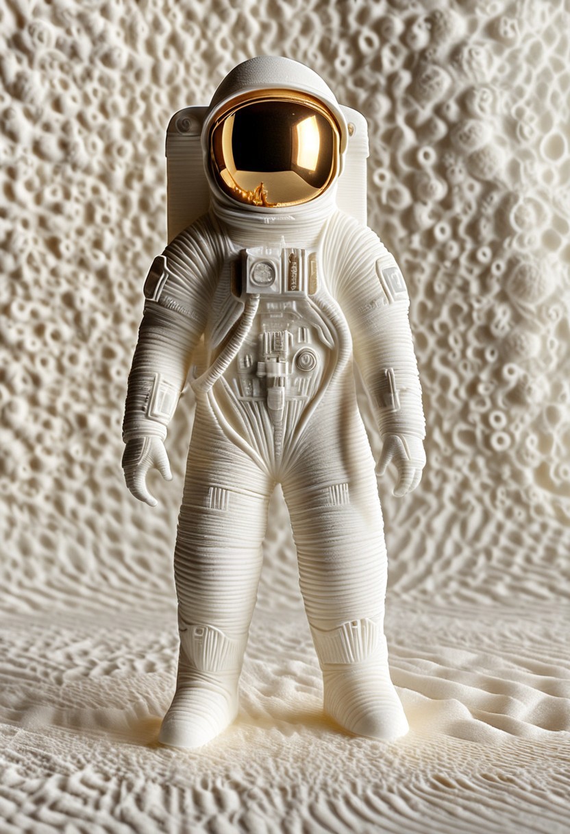 (WhiteMold), an astronaut standing next to his rocket ship, 3D printed, pla made, print grooves, pla filament, white plastic texture, enhanced textures, creative, beautiful, vibrant, masterpiece, 8k, Ultra HD, amazing details, amazing quality, amazing artist, sharp edges, detailed textures, full view, atmospheric lighting, amazing visuals