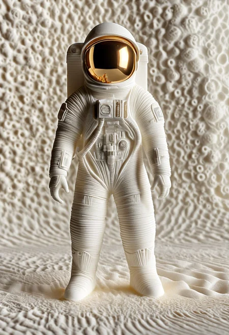 (WhiteMold), an astronaut standing next to his rocket ship, 3D printed, pla made, print grooves, pla filament, white plastic texture, enhanced textures, creative, beautiful, vibrant, masterpiece, 8k, Ultra HD, amazing details, amazing quality, amazing artist, sharp edges, detailed textures, full view, atmospheric lighting, amazing visuals