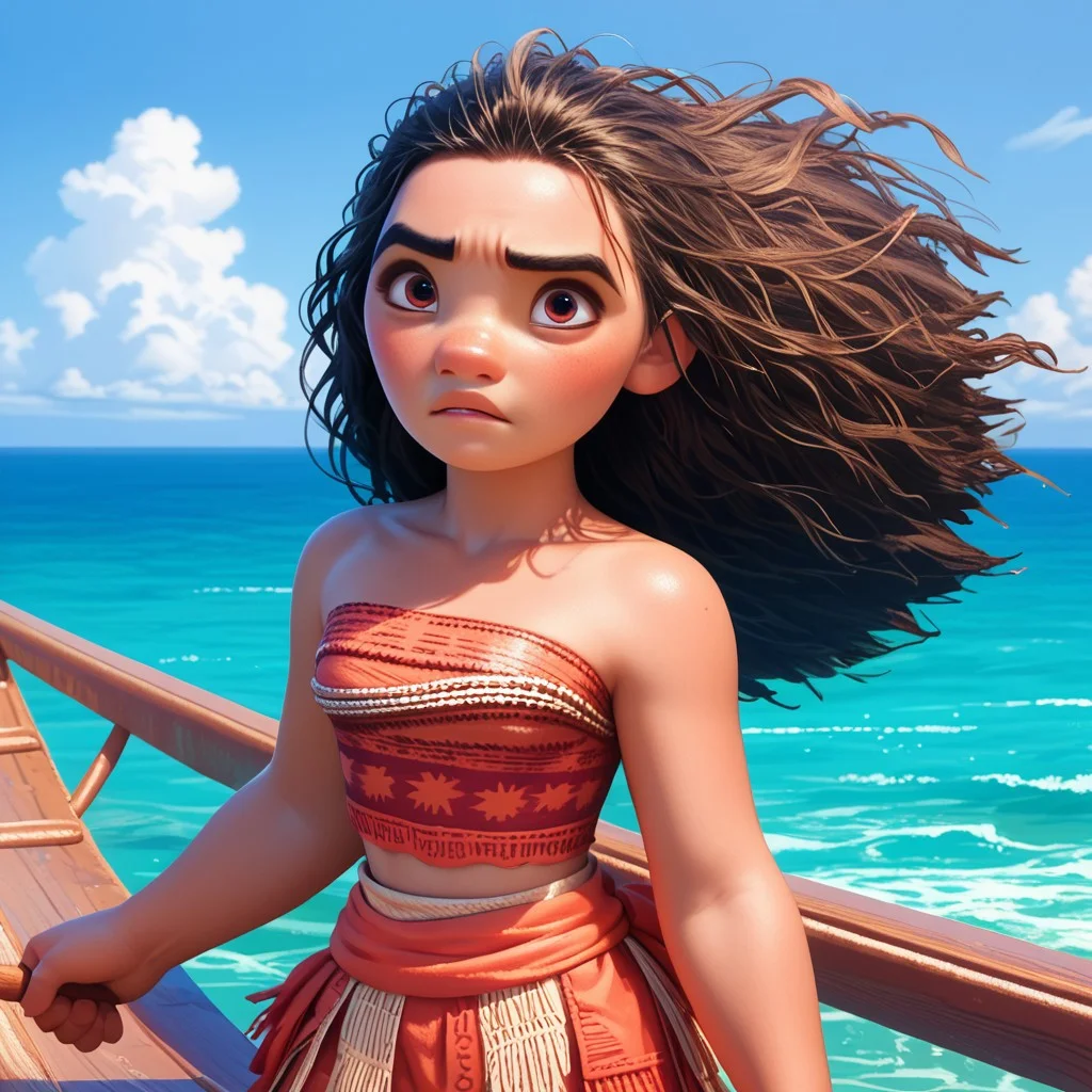 score_9, score_8_up, score_7_up, score_6_up, score_5_up, score_4_up, Moana, standing on a wooden raft, ocean, wind blow hair, solo