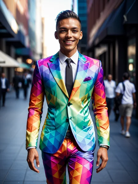man walking through city wearing colorful mad-triangle suit, light smile,  <lora:Colorful_Triangle_SDXL_v2:0.8>, raw photo, film grain, Fujifilm XT3, (photorealistic, realistic:1.2), deep shadow,  8k, uhd, dslr, ultra high res